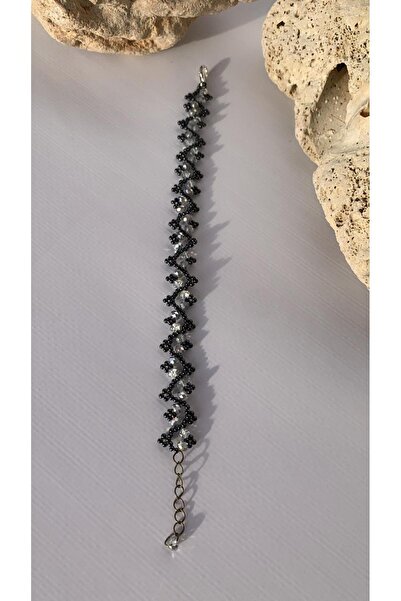 Antrasit Ve Gümüş Renkli Zikzak Desenli Miyoki Boncuk Bileklik El Yapımı Hediyelik