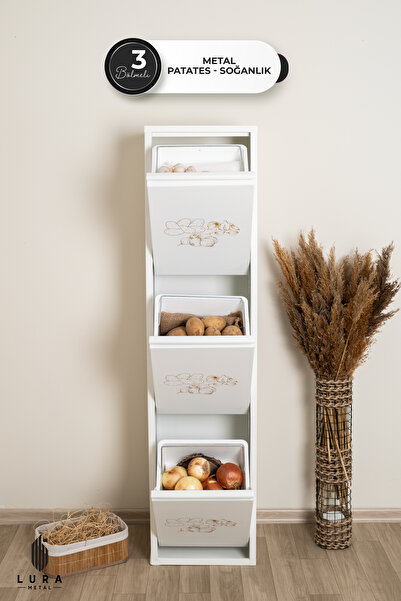 Skygo Leyl 3 Katlı 3 Bölmeli Beyaz Baskılı Metal Sebzelik – 143 x 26 x 34 cm Çok Amaçlı Dolap