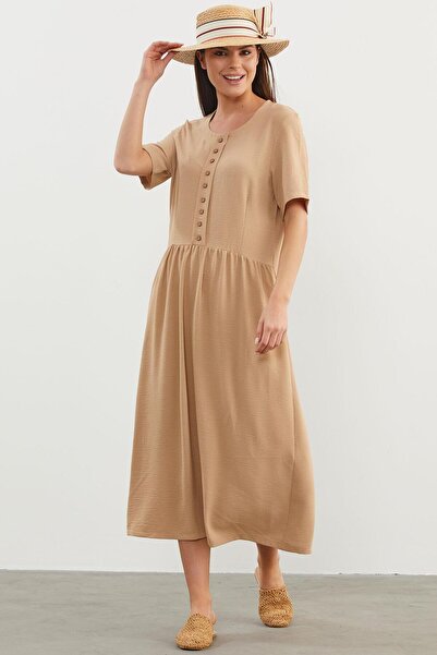 Sementa Large Size Gathered Waist Crepe Dress - Beige