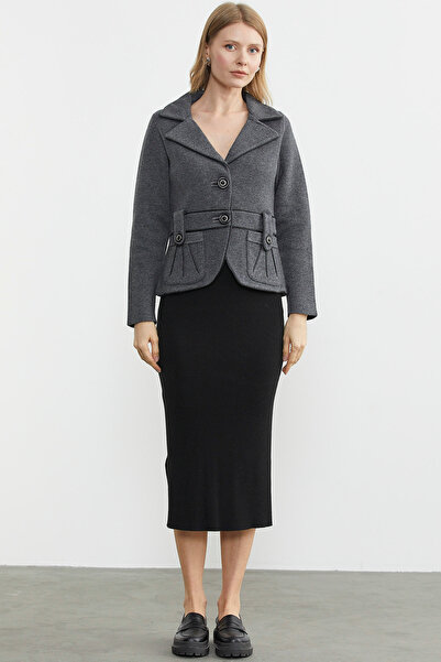 Sementa Jachetă din tricotaje din imitație din piele - Gri închis - Negru