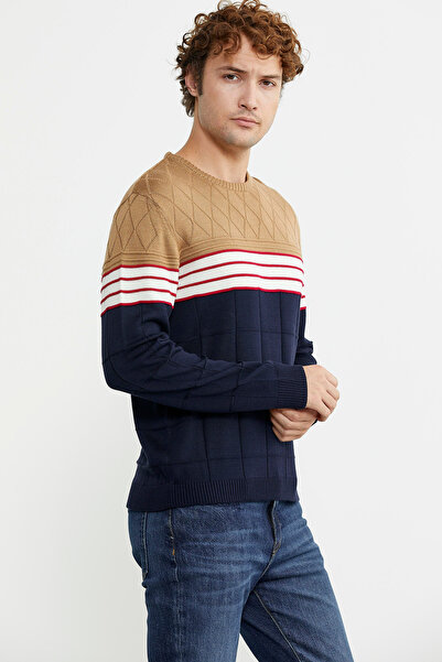 Sementa Светло-синій трикотажний светр з коміром-стійкою та блоковим візерунком