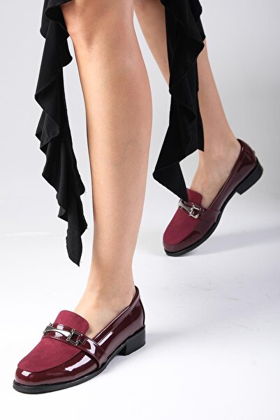 Mio Gusto Bordo Renk Rugan ve Süet Kadın Günlük Oxford Düz Ayakkabı