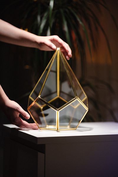 El Crea Designs Geometric Patterned Chocolate Box - Glass Brass Gold Brass, 31X22X22Cm Prism Bell Jar Engagement Table Presentation