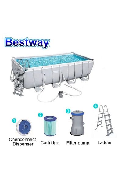 BESTWAY Power Steel Rectangular Frame Pool Set+ Filter Pump+Ladder+Dispenser 404X201X100Cm -26-56441