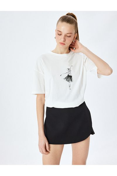 Koton Tulle Detailed Printed Crew Neck Short Sleeve T-Shirt