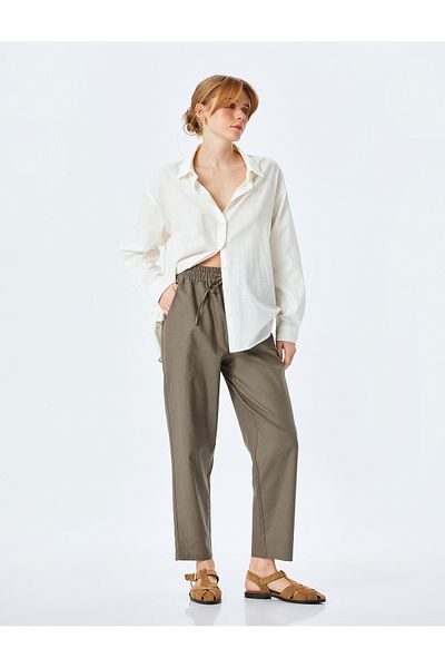 Koton Pocketed Laced Waist Carrot Cut Linen Trousers