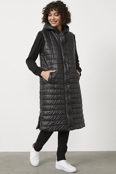 Sementa Hooded Long Quilted Vest - Black