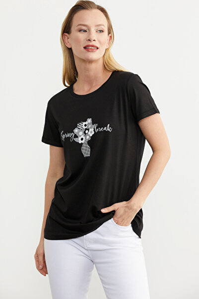 Sementa Black Regular Fit Floral Printed T-Shirt