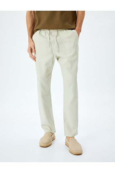 Koton Linen Viscose Blended Chino Trousers with Lace-Up Waist