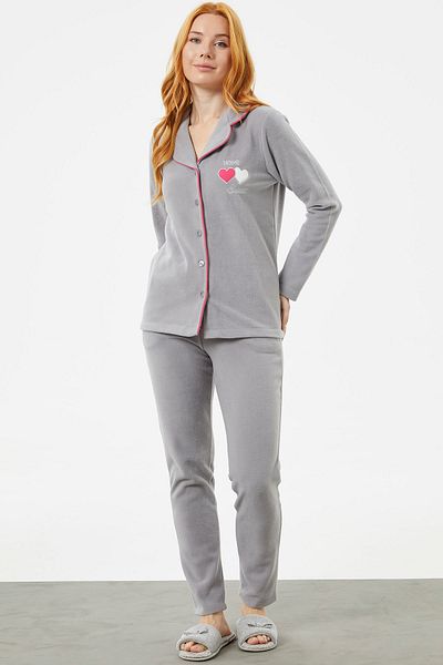 Sementa Shirt Collar Buttoned Fleece Pajama Set - Gray