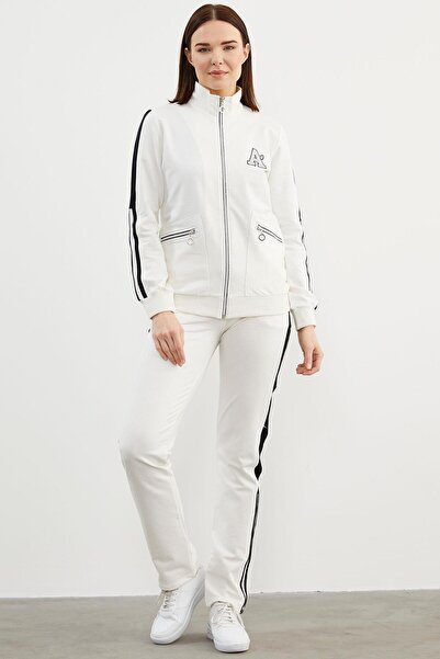 Sementa Stand Collar Embroidery Detailed Zippered Tracksuit Set - Ecru