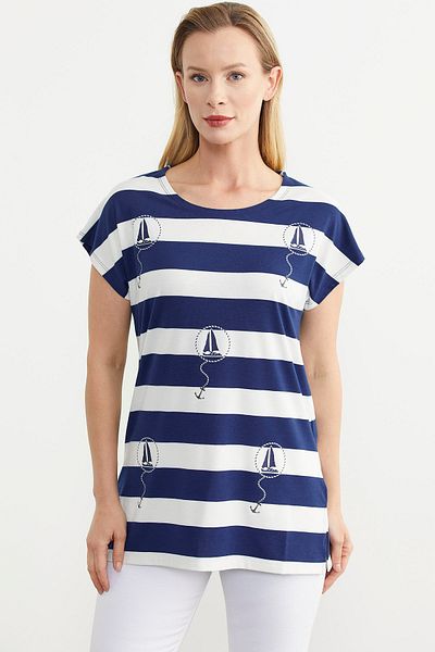 Sementa Tricou din bumbac pieptănat cu dungi groase, brodat albastru închis