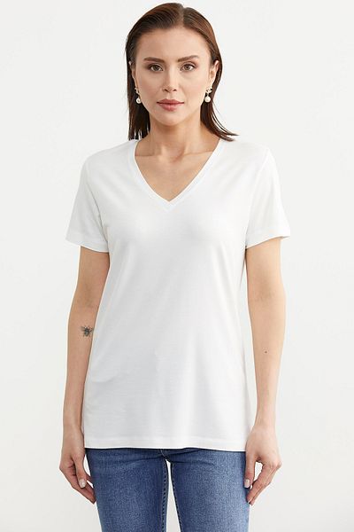 Sementa Ecru V-Neck Flowing Basic T-Shirt