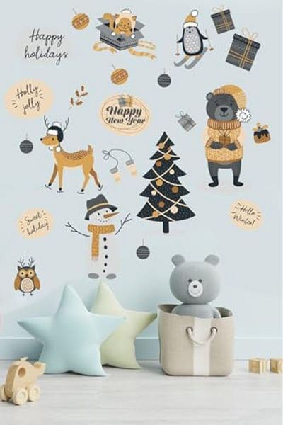 NcK Cute Teddy Bear and Friends Celebrate Christmas Children's Room Sticker