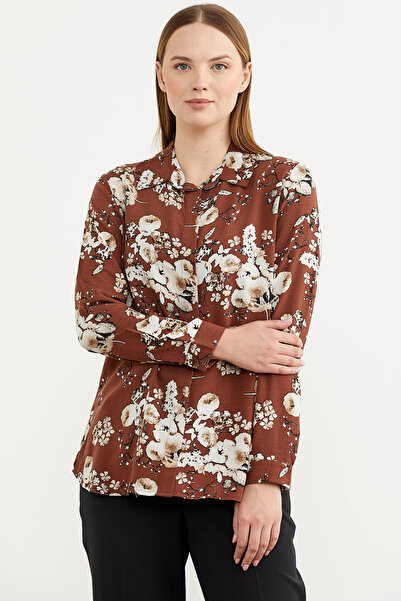 Sementa Çiçek Desenli Büyük Beden Uzun Gömlek - Kahve
