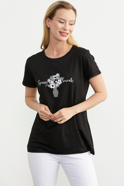 Sementa Black Regular Fit Floral Printed T-Shirt