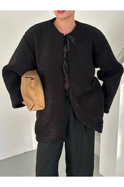 Laluvia Schwarze Teddyjacke mit Schnürung vorne-7328