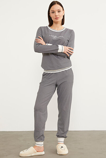 Sementa Striped Crew Neck Pajama Set - Black