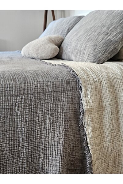 Mia Home&Baby Oversized Bedspread - Pique 4 Layer Muslin 100% Cotton Fringed Grey / Ecru Color