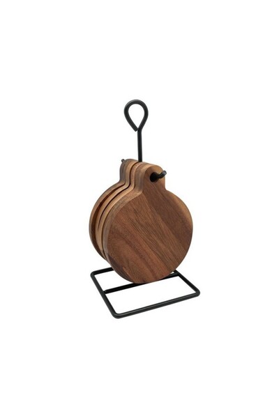 Bien Servi 6-Piece Acacia Wood Round Coaster Set with Rack