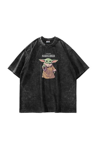 Sekizbiraltı Mandalorian Yoda Patterned - Unisex Oversize Black T-Shirt 24/1