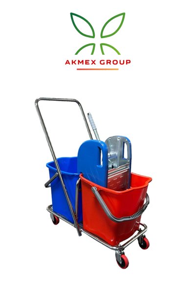 MCK Plus Akmex Çift Kovalı Temizlik Arabası Krom Gövdeli Çelik Presli Paspas ...