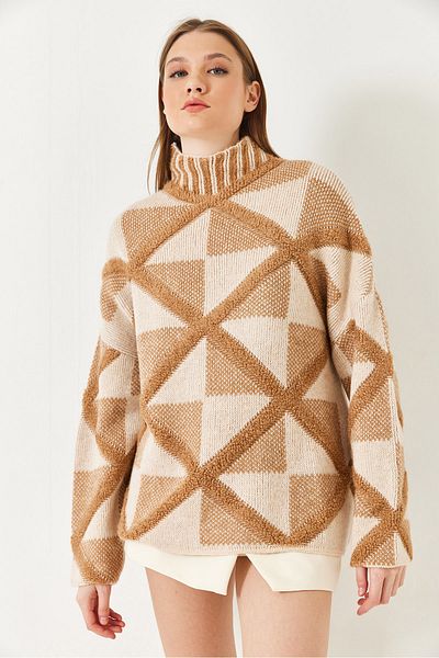 Bianco Lucci Pulover de damă cu jumătate de gât tricotat cu model oversize 241197 60261144
