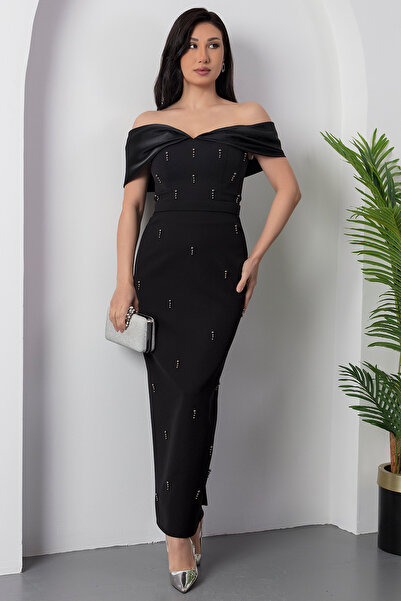 PULLIMM Boncuk Detay Atlas Elbise ECR5431