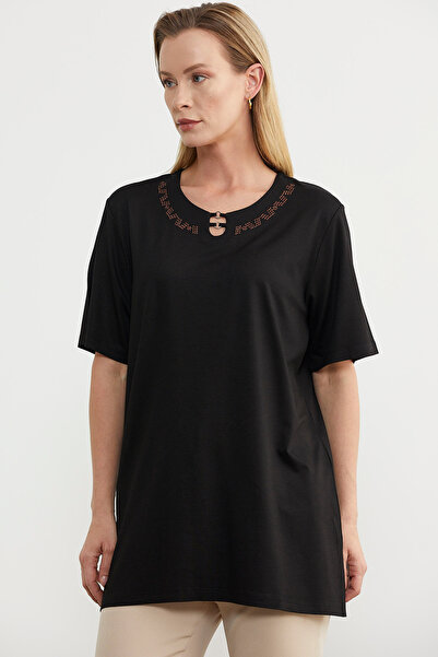 Sementa Black Embroidered Large Size T-Shirt