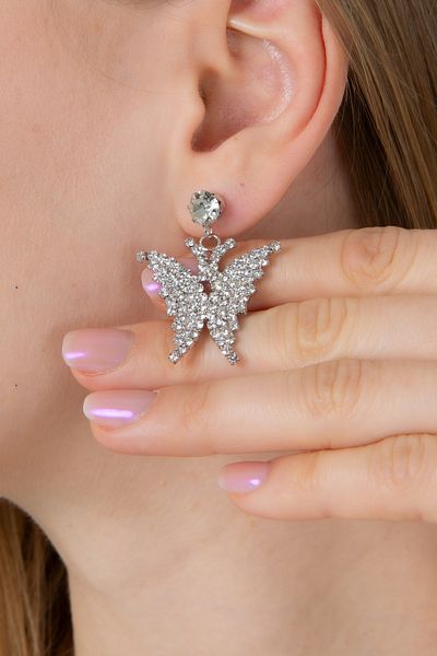 Furtek Aksesuar Women's Butterfly Motif Zircon Stone Minimal Earrings Model Daily Trend Elegant Bijouterie