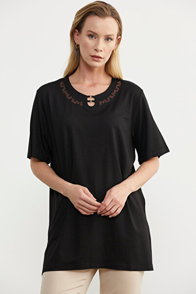 Sementa Black Embroidered Large Size T-Shirt
