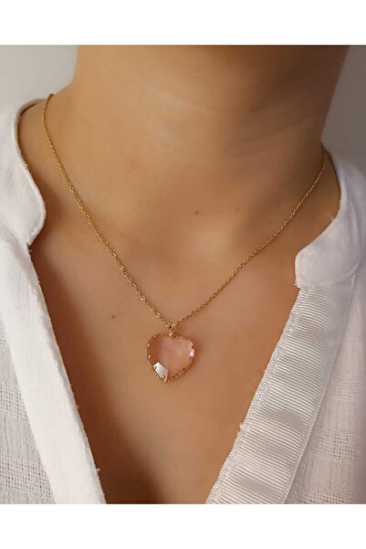 shop 1.Sınıf Çelik Kararma Yapmaz Pembe Taşlı Kalp Figürlü Kolye