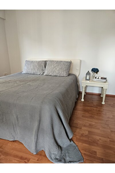 Mia Waffle Pattern 100% Cotton 4 Sides Fringed Grey Color Bedspread / Pique