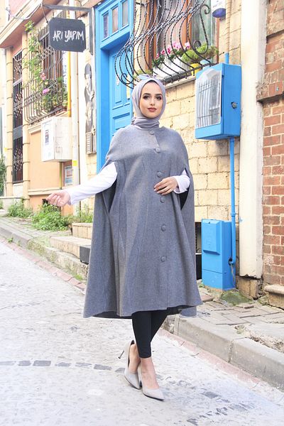 comstar Women's Trendy Buttoned Cashmere Gray Cape Poncho