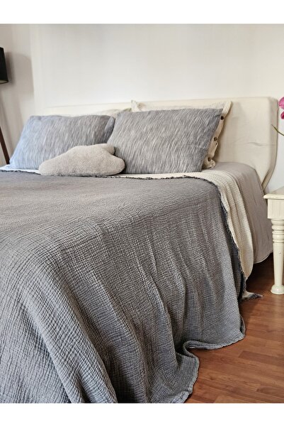 Mia Home&Baby Oversized Bedspread - Pique 4 Layer Muslin 100% Cotton Fringed Grey / Ecru Color