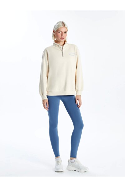 LC Waikiki Xsıde Bej Dik Yaka Nakışlı Oversize Kadın Kalın Sweatshirt