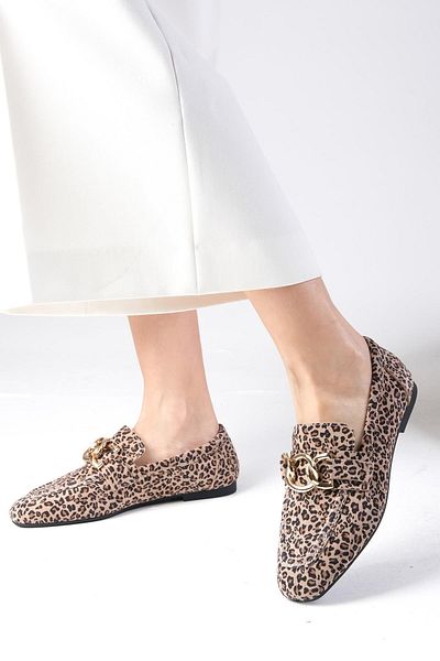 Mio Gusto Myrcella Genuine Suede Beige Color Leopard Print Chain Accessory Blunt Toe Women's Loafer a