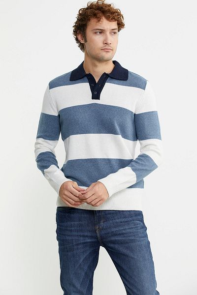 Sementa Pulover din lână cu guler polo cu dungi albastre