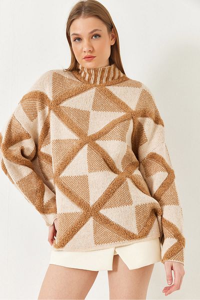 Bianco Lucci Pulover de damă cu jumătate de gât tricotat cu model oversize 241197 60261144