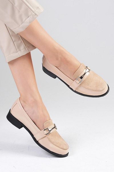 Mio Gusto Nude Colored Patent Leather and Suede Women's Casual Oxford Flat Shoes