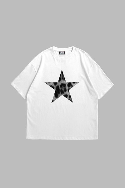 Sekizbiraltı Starz Leopard Pattern - Unisex Λευκό Oversize T-Shirt V2