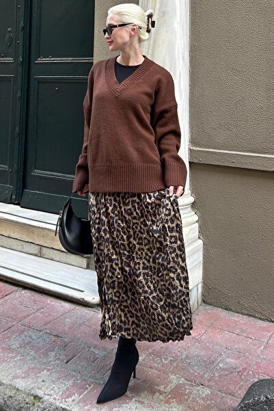 Madmext Brown V-Neck Oversize Women's Knitwear Sweater Mg2149