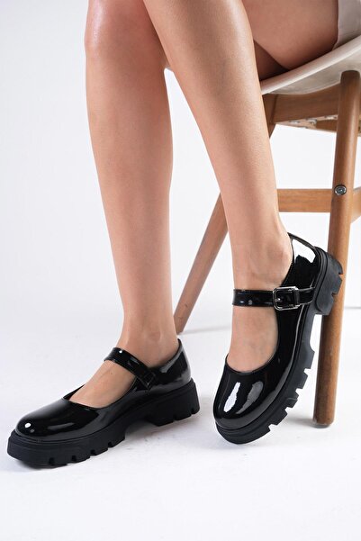 Mio Gusto Cyntia Black Color Patent Leather Thick Soled Women's Ballerina Loafer Shoes