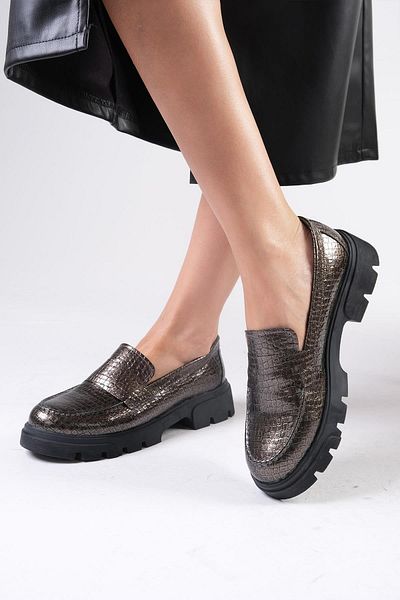 Mio Gusto Andrea Metallic Gray Color Thick Soled Women's Loafer Shoes