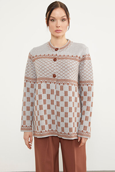 Sementa Stand Collar Patterned Buttoned Knitwear Cardigan - Light Gray