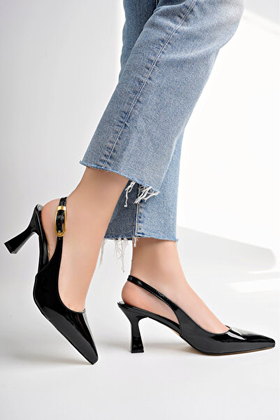 meyra'nın ayakkabıları Dámské černé boty na podpatku s otevřenou zády a přezkou