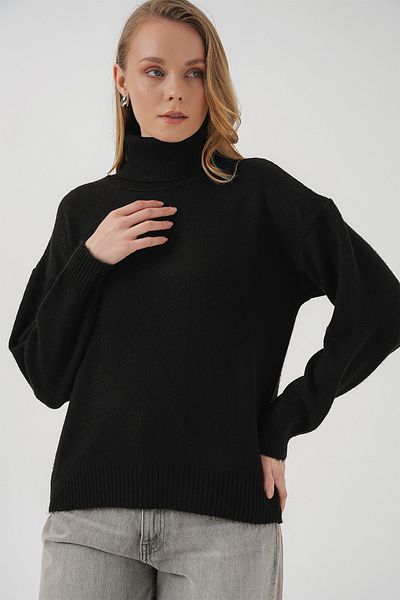 Bigdart 15917 Dámský oversize pletený svetr s rolákem – černý