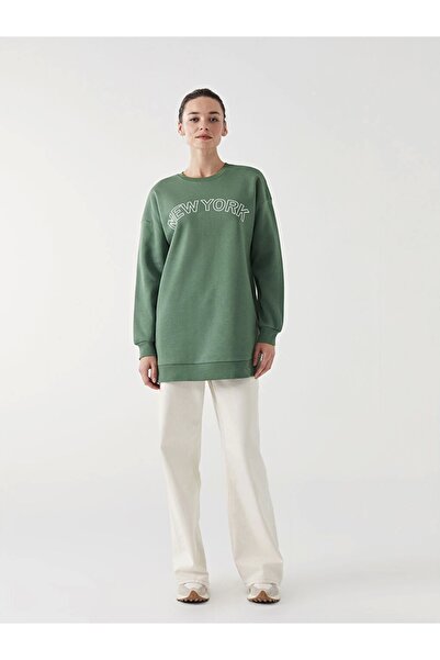 LC Waikiki LCW Modest Yeşil Bisiklet Yaka New York Baskılı Kadın Kalın Sweatshirt Tunik
