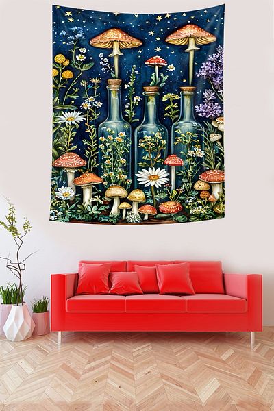 on the clouds Retro Red Mushrooms and Stars Carpet - Stain Resistant Wall Cover Tapestry