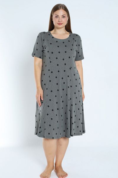 İntensive Women's Plus Size Cotton Dress with Polka Dot Short Sleeves Pockets